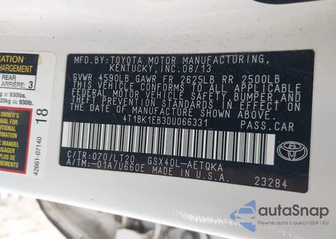 2013 Toyota Avalon Xle Touring from USA, damaged, VIN 4T1BK1EB3DU066331